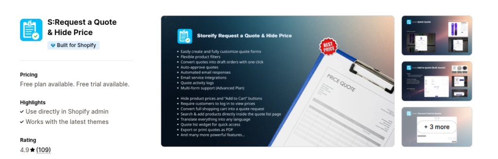 S: Request a Quote, Hide Price